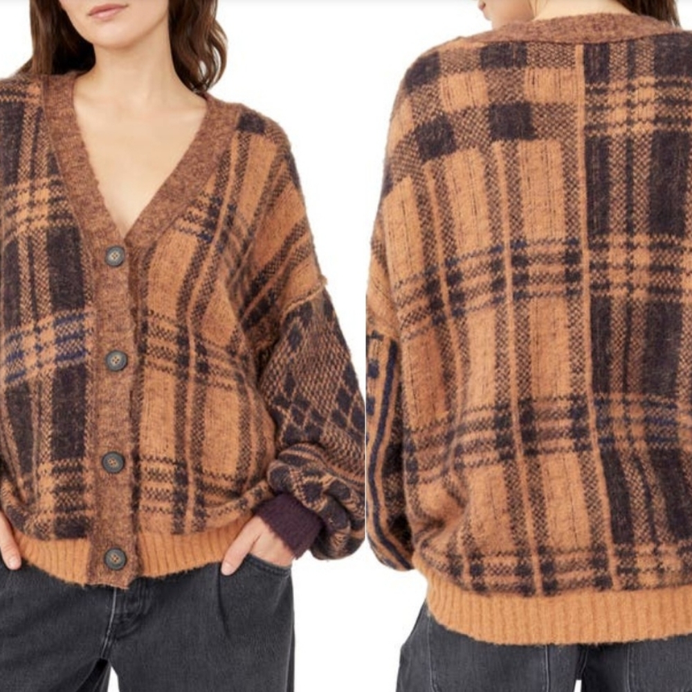 NWT Free People Sepia Plaid Jacguard Cardigan size XS